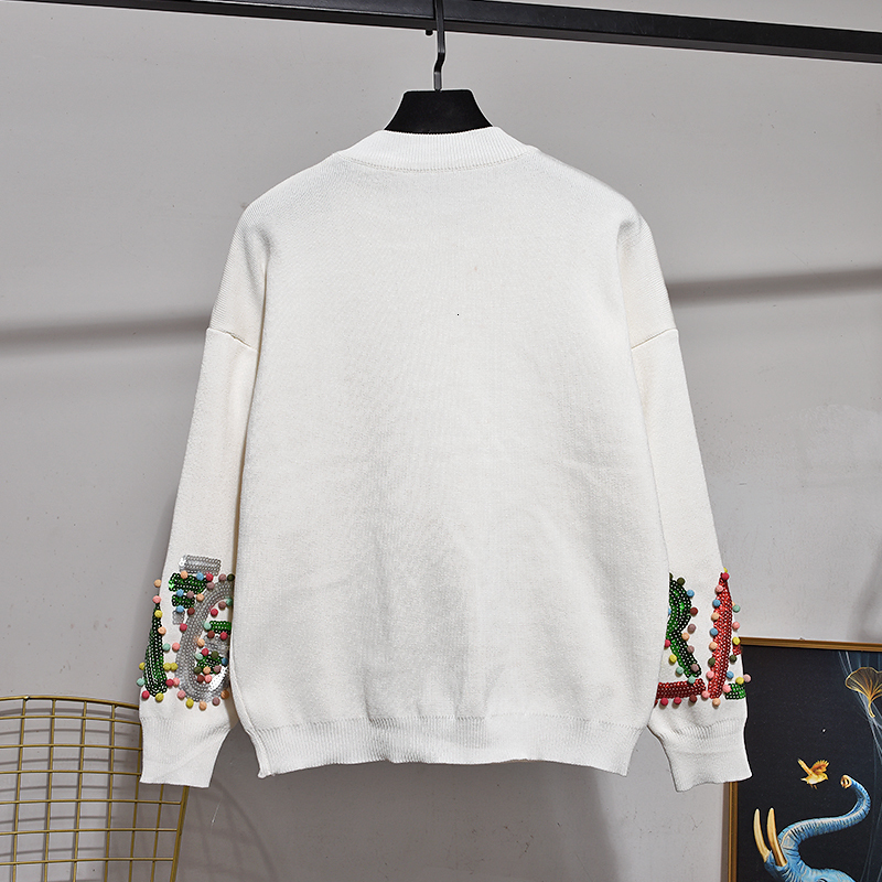 Women's Two Piece Pants Fashion White Knitted Tracksuit Set Women Handwork Letter Sequin Sweater Pencil Outfits Female Loose Knit 2pcs 230712