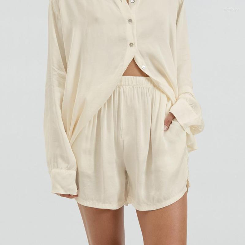 Women's Sleepwear Fashion Chiffon Shirt With Pocket Shorts Suit For Women 2023 Turn-down Collar Full Sleeve Shirts Pajamas Set Soft