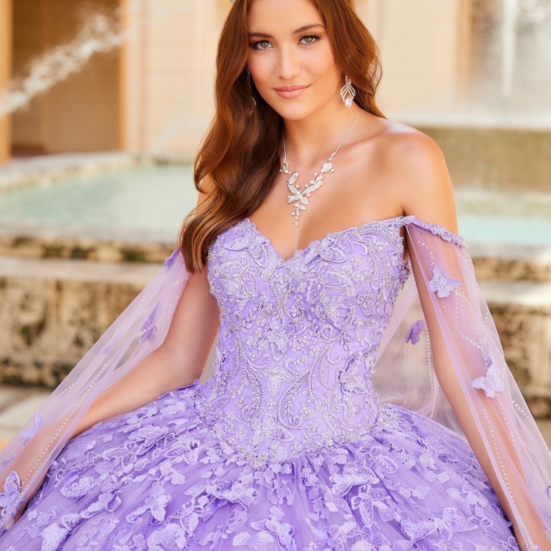 2025 Lavender Butterfly Flowers Quinceanera Dresses With Detached Cape Ball Gown Appliques Lace Crystal Vestidos De 15 Anos
