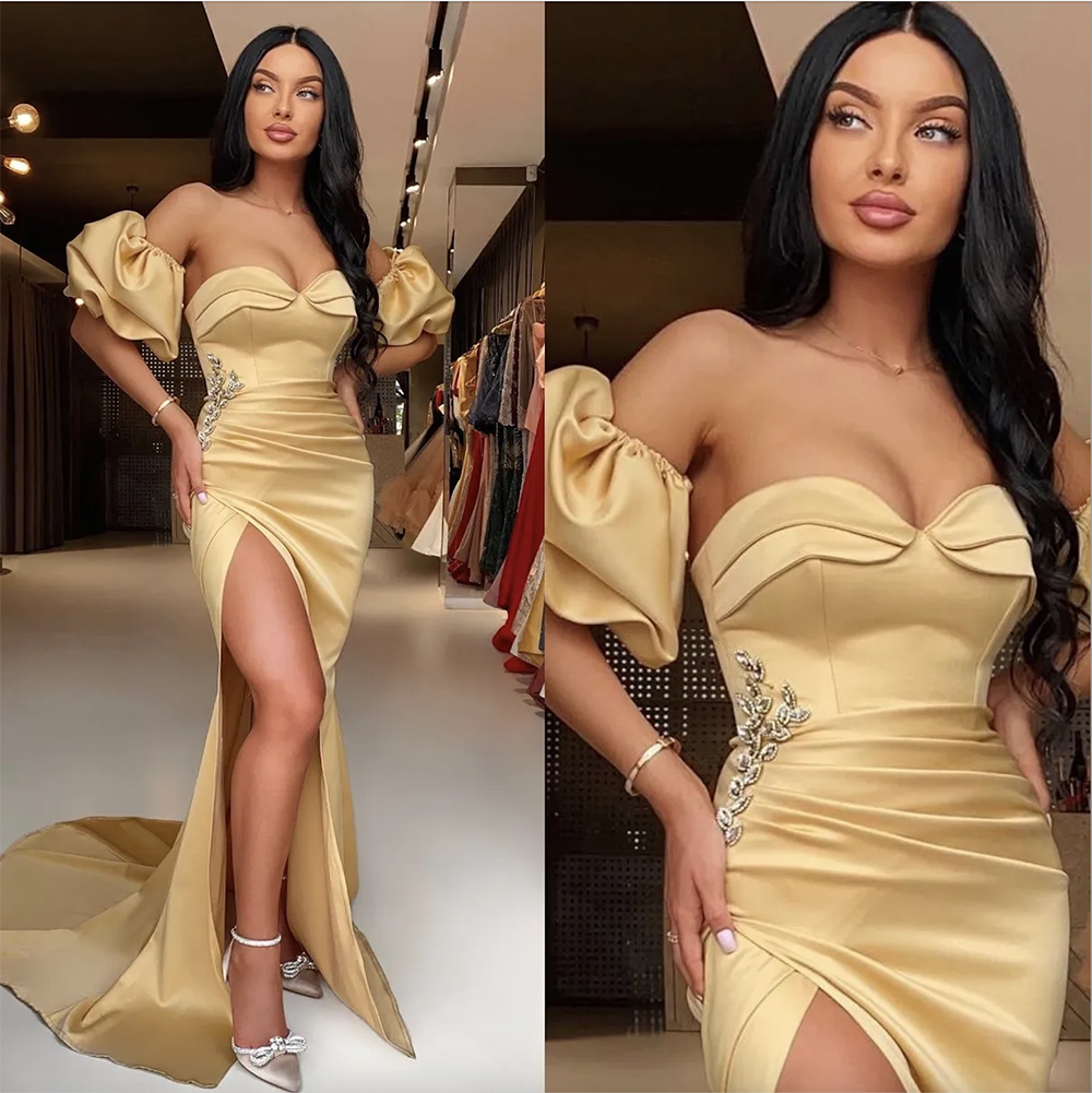 Gold Prom Sexy Dresses Leaf Beads Waist Puffy Sleeves Evening Gowns Pleats Slit Sheath Formal Long Special Ocn Party Dress 6660306