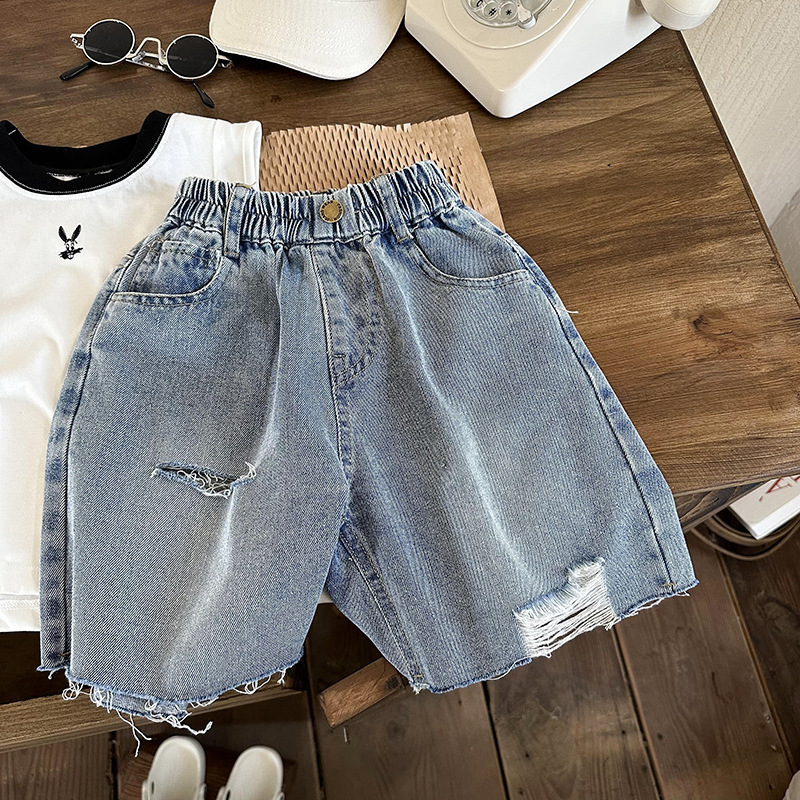 Shorts Boys' Ripped Jeans Summer 2023 Korean Style Boy Girl Baby Fashionable Pants Children's 230711