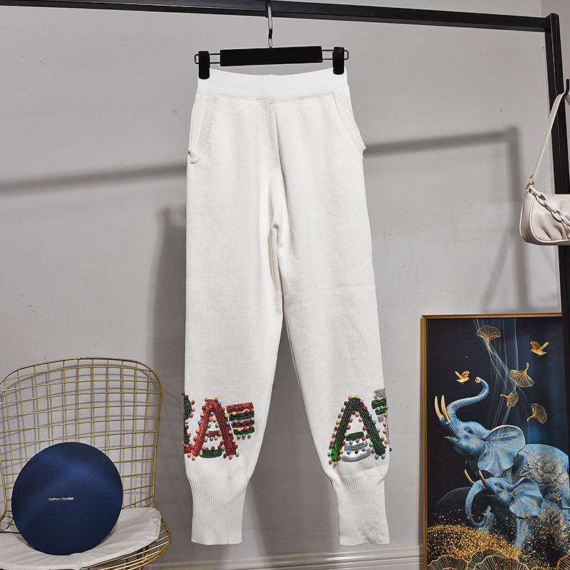 Women's Two Piece Pants Fashion White Knitted Tracksuit Set Women Handwork Letter Sequin Sweater Pencil Outfits Female Loose Knit 2pcs 230712