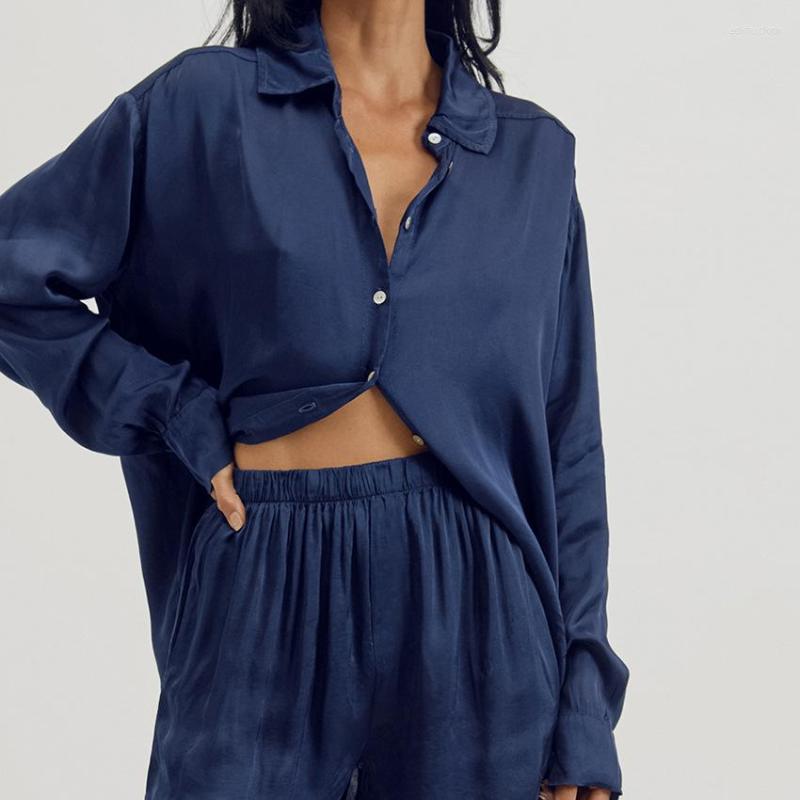 Women's Sleepwear Fashion Chiffon Shirt With Pocket Shorts Suit For Women 2023 Turn-down Collar Full Sleeve Shirts Pajamas Set Soft