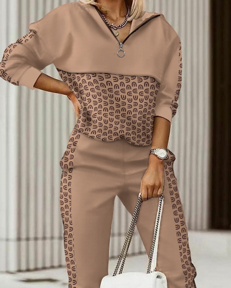 Women's Two Piece Pants Fashion Spring Autumn Women's Plain Zipper Front Hoodie Top and Pants Set Two Piece Overcoat Running Pants Set 23071
