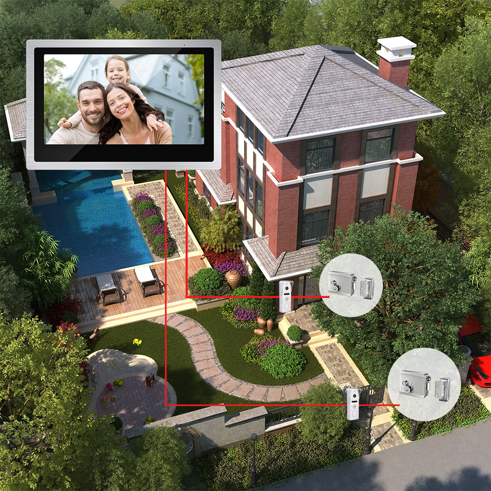 home security video intercom system with 4 channels 1080p resolution split screen display motion sensor and integrated doorbell