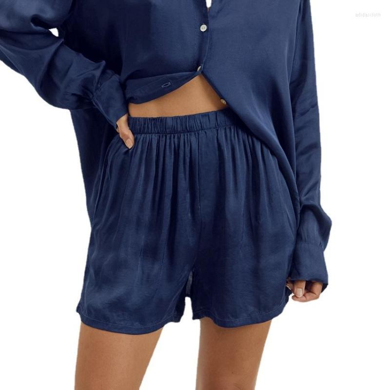 Women's Sleepwear Fashion Chiffon Shirt With Pocket Shorts Suit For Women 2023 Turn-down Collar Full Sleeve Shirts Pajamas Set Soft