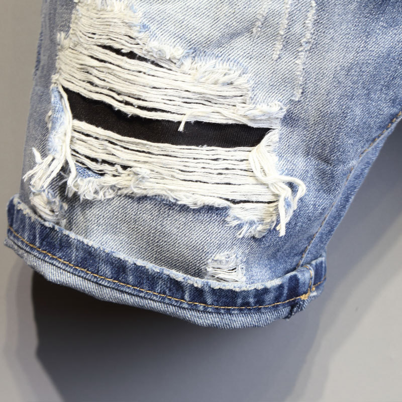 Men's Jeans Summer Light Blue Ripped Cat Whisker Patch Letter Print Slim Denim Shorts Teenagers Boys And Girls Cowboy Short Pants