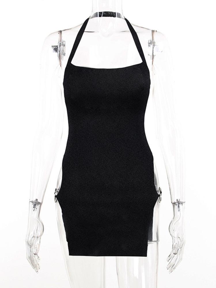 Urban Sexy Dresses Mozision Metal Circle Split Mini Dress For Women 2023 Summer Black Halter Backless Sleeveless Bodycon Short Vestidos 230711