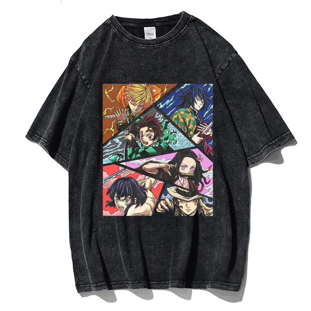 Men's T-Shirts Vintage Wash Men's T-shirt Anime Demon Killer Kamado Tanjirou Printed T-shirt 100% Cotton Casual Shirt Top Y2K Clothing 23071