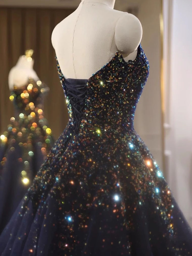 Prom Dress Stunning Shining Sequins Crystal Long Evening Gowns Sweetheart Lace-up Back