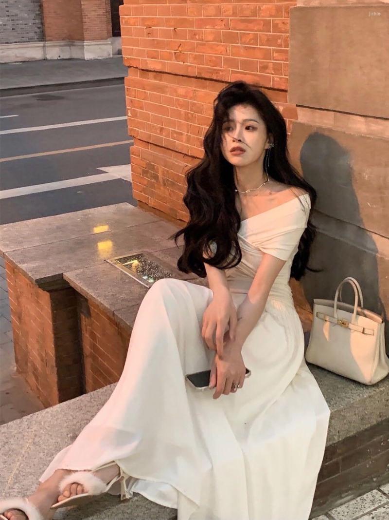 Casual Dresses Elegant Fashion Women White Black Off Shoulder Dress Spring Summer A-line Party Prom Long Vestidos Female Evening Robe