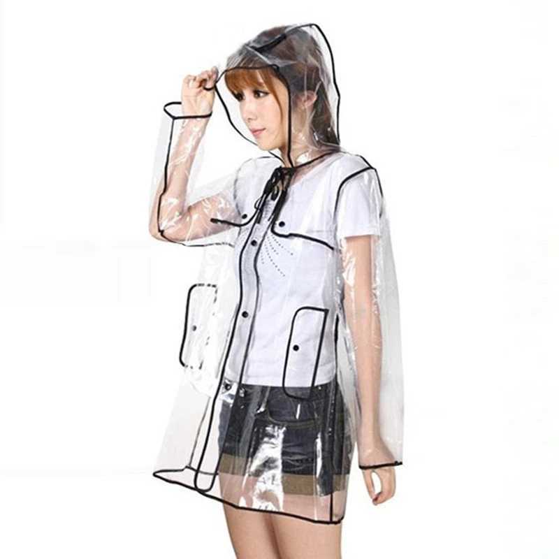 1pc Black Transparent Vinyl Raincoat Runway Style Womens Girls Clear Fashion Rain Coat L230620
