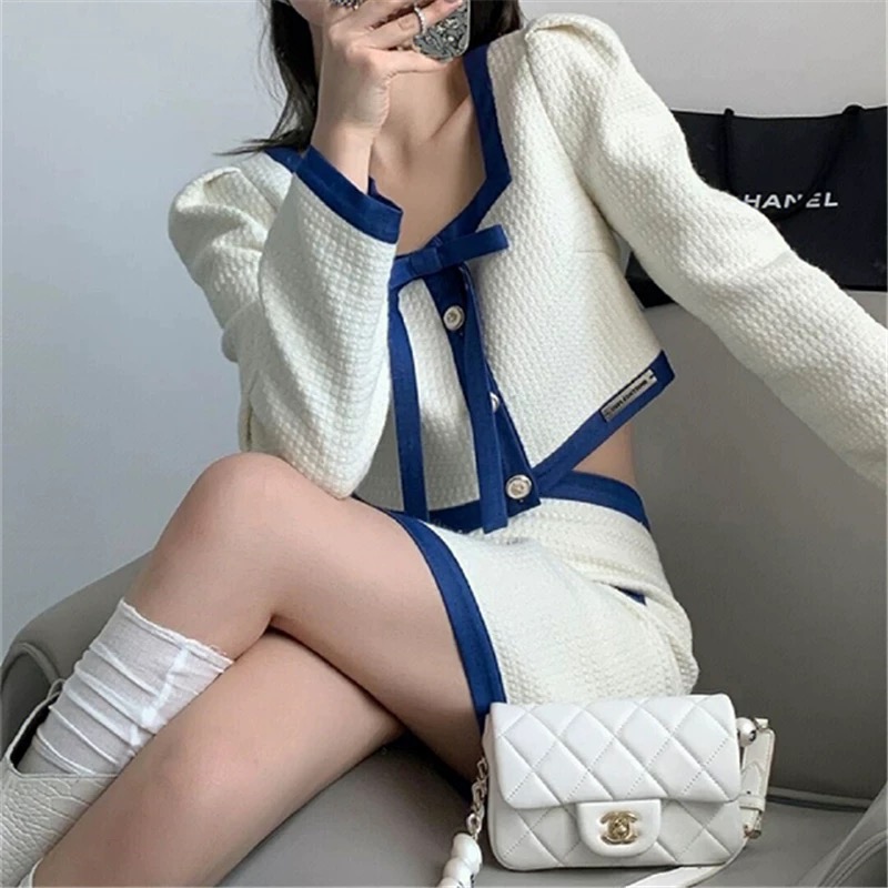 Womens square collar color block bow patched long sleeve high waist tweed woolen coat and skirt twinset 2 pc dress suit SML