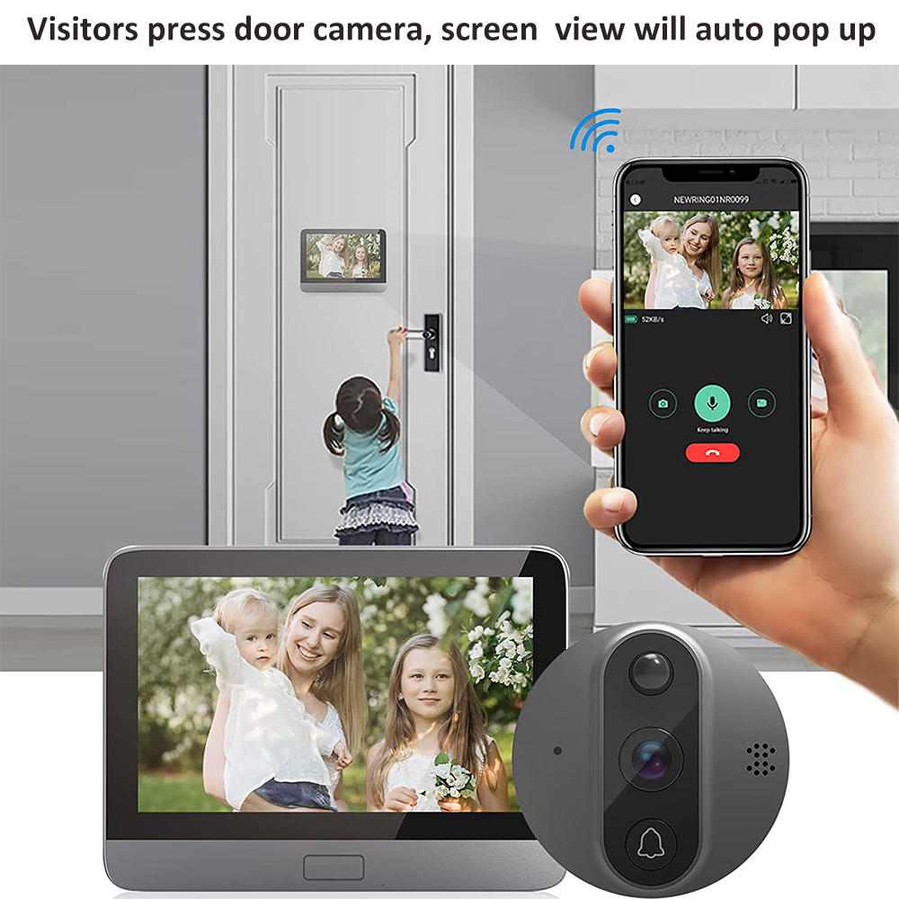 Doorbells Smart Tuya 1080P WiFi Door Bell Eye Peephole Camera 5000mAh Audio 4 3 PIR FHD Infrared Alexa Google Announcement Digital Viewer 230712