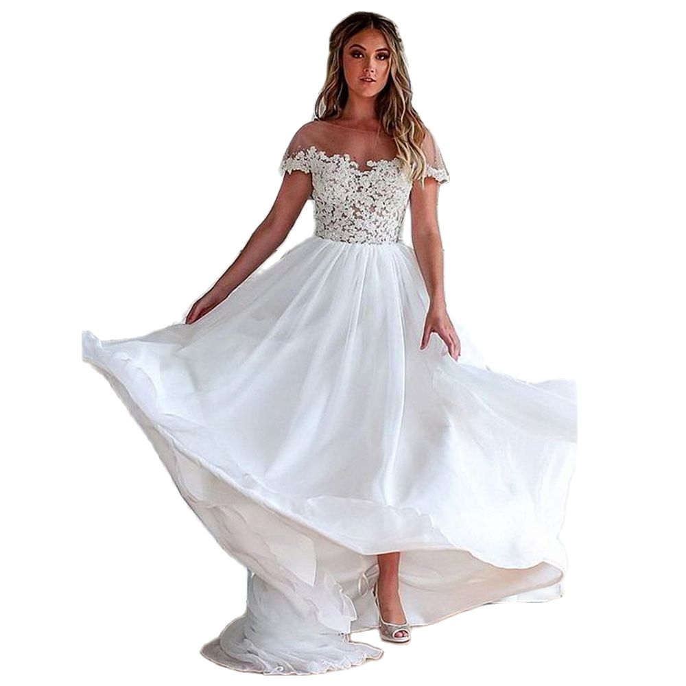 Chiffon Wedding White Dresses Scoop Neck Cap Sleeve Beaded Bridal Gown V Cut Back Boho Robe De Mariee