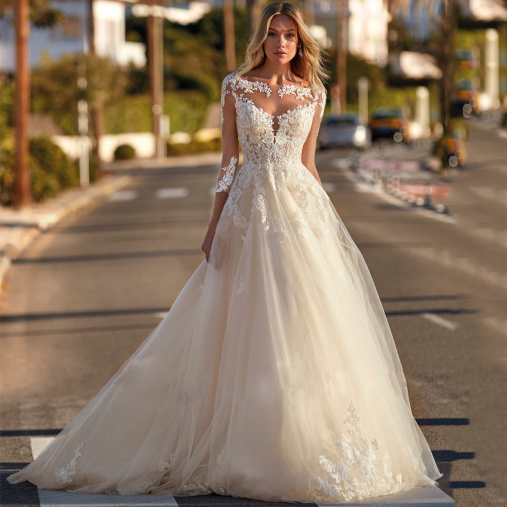 Elegant 3/4 Sleeve A Line Wedding Dresses Sheer Neck Button Back Bridal Gown with Lace Appliques Puffy Ivory Bride Dress