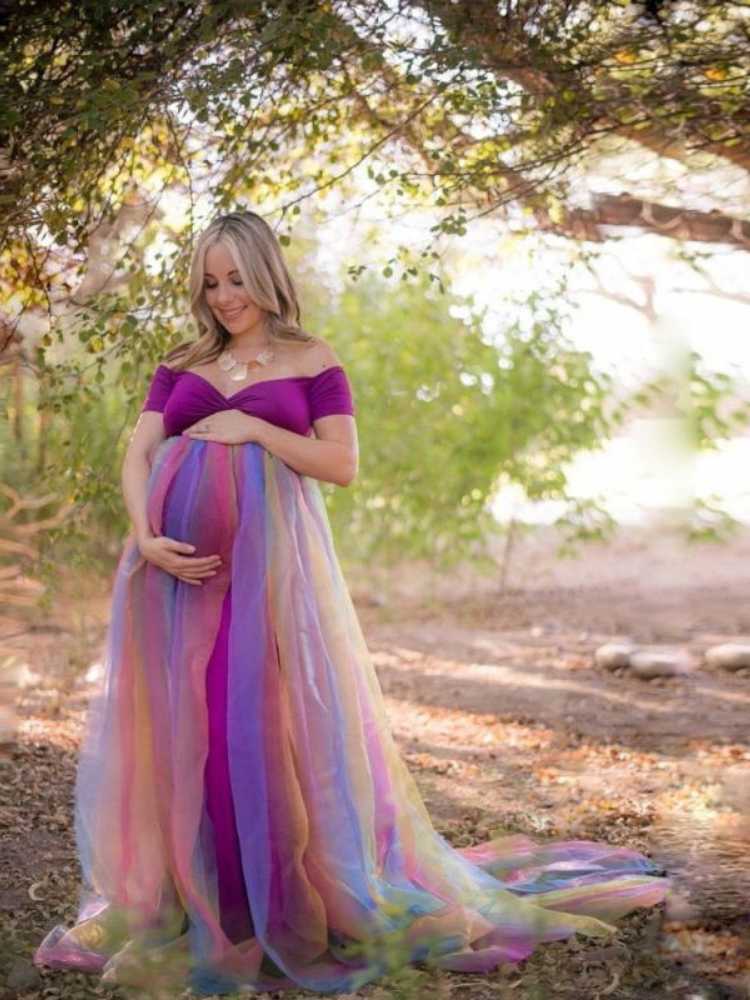 Spring/Summer Women's Maternity Rainbow Mesh Dress Long Skirt Sweet Dress for Pregnant Women's Photo-taking Commemorative L230712