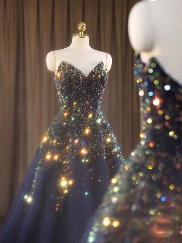 Prom Dress Stunning Shining Sequins Crystal Long Evening Gowns Sweetheart Lace-up Back