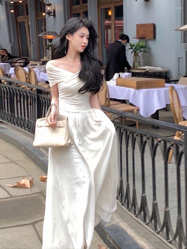 Casual Dresses Elegant Fashion Women White Black Off Shoulder Dress Spring Summer A-line Party Prom Long Vestidos Female Evening Robe