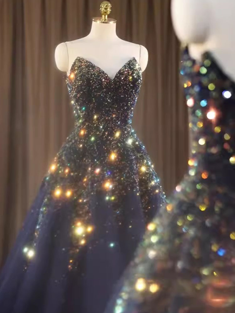 Prom Dress Stunning Shining Sequins Crystal Long Evening Gowns Sweetheart Lace-up Back