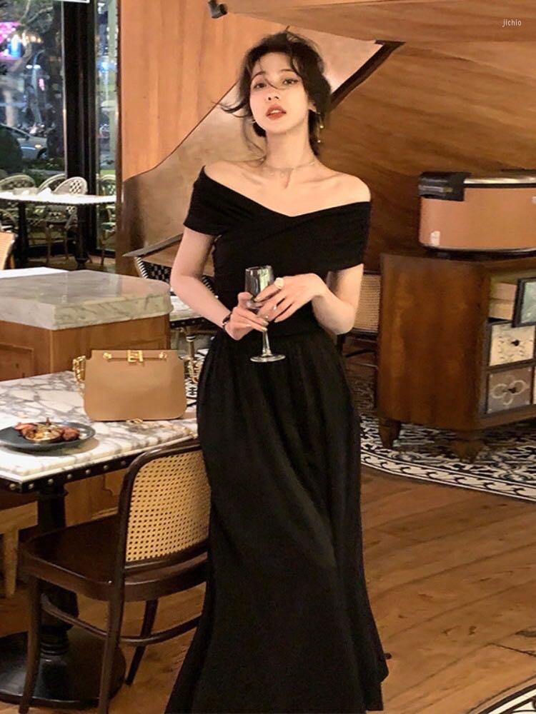 Casual Dresses Elegant Fashion Women White Black Off Shoulder Dress Spring Summer A-line Party Prom Long Vestidos Female Evening Robe