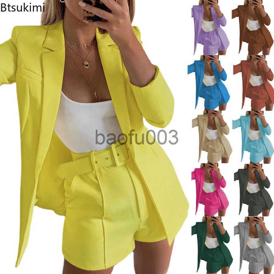 Women's Two Piece Pants Spring Summer Women Long Sleeve Cardigan Blazer Shorts Solid Lady Two Piece Blazer Suit Women Office Sets Casual Blazers 