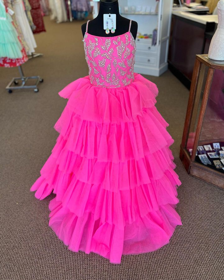 Hot Pink Ballgown Girl Pageant Dress 2025 Crystals Beading Straps Ruffles Tulle Little Kid Birthday Formal Party Gown Infant Toddler Teens Tiny Young 