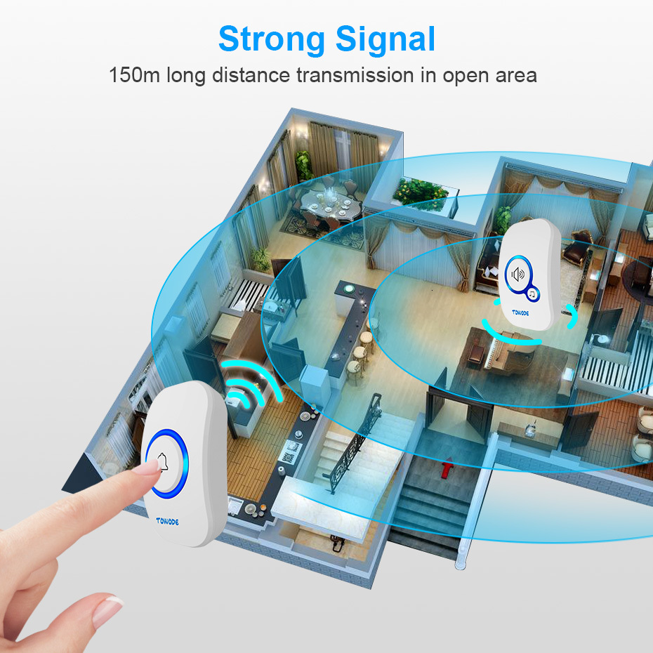 Doorbells TOWODE Home Wireless Doorbell 433Mhz Welcome Friend Smart 150Meters Long Distance 32 Songs 4 Level Volumes Door Chimes 230712
