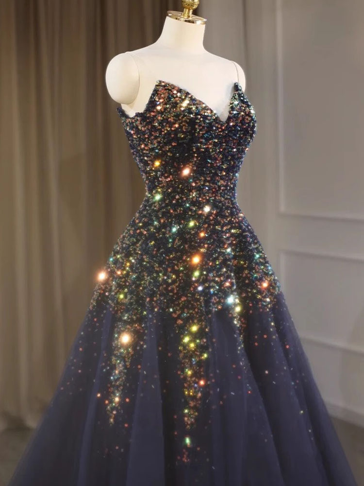 Prom Dress Stunning Shining Sequins Crystal Long Evening Gowns Sweetheart Lace-up Back