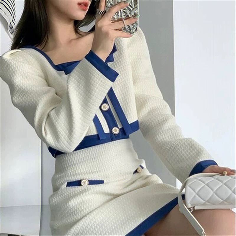 Womens square collar color block bow patched long sleeve high waist tweed woolen coat and skirt twinset 2 pc dress suit SML