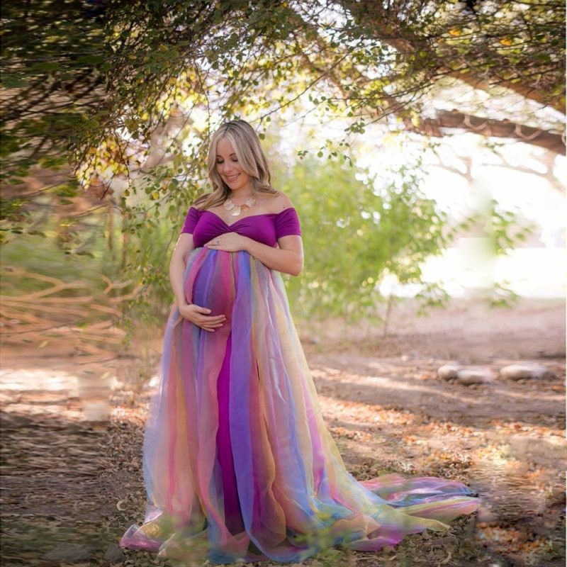 Spring/Summer Women's Maternity Rainbow Mesh Dress Long Skirt Sweet Dress for Pregnant Women's Photo-taking Commemorative L230712