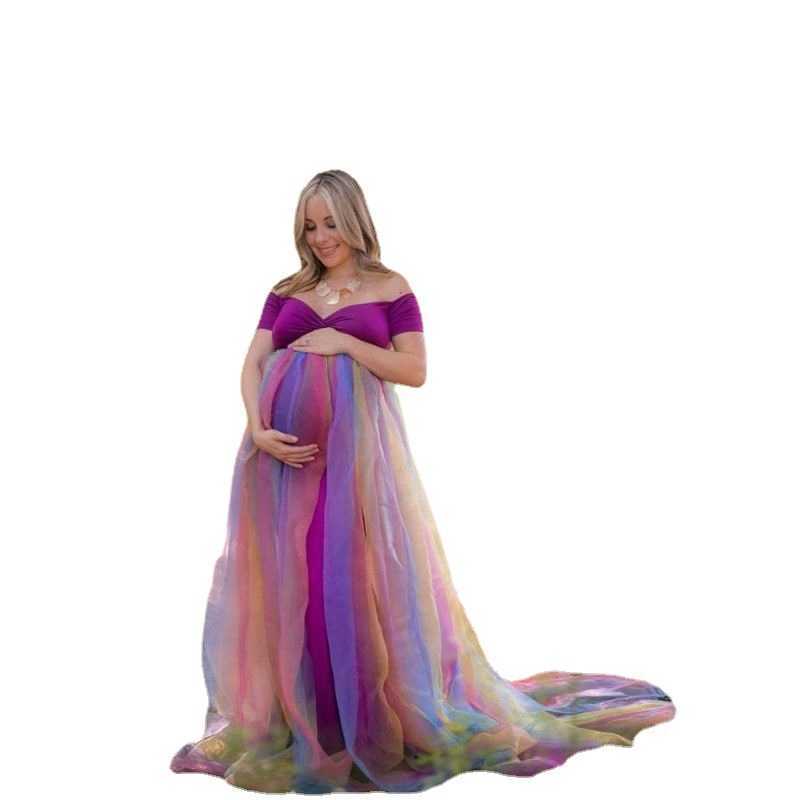 Spring/Summer Women's Maternity Rainbow Mesh Dress Long Skirt Sweet Dress for Pregnant Women's Photo-taking Commemorative L230712