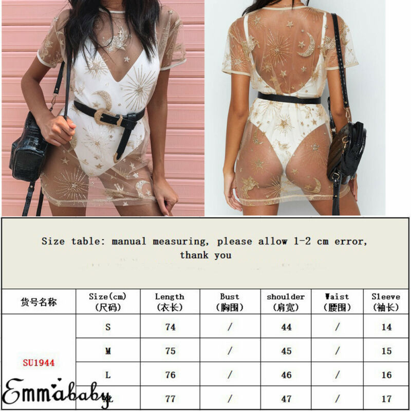 Urban Sexy Dresses Casual Dress Womens Gold Sequin Moon Star Print Mesh Mini Dress Bikini Cover Up Summer Sexy Short Sleeve Dress Clubwear 230713