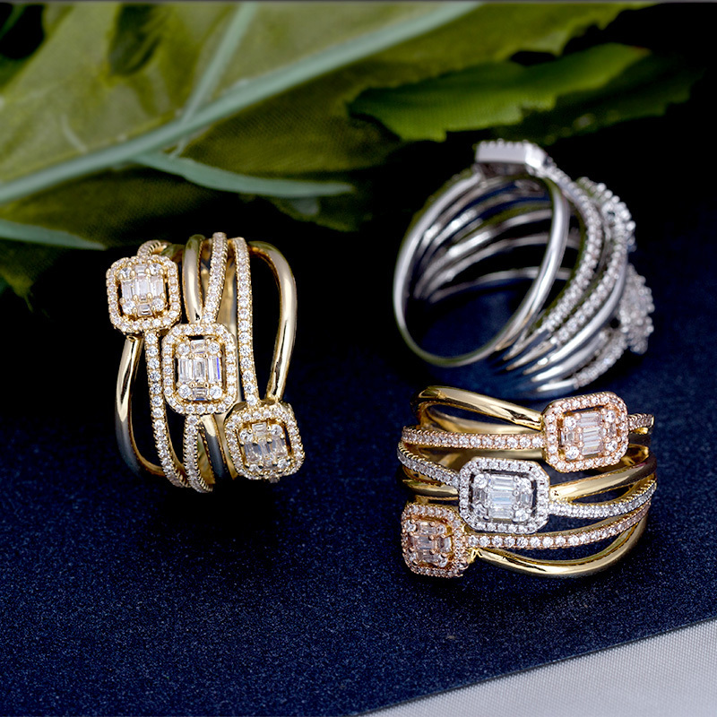 Wedding Rings Bride Talk Fashion Rings Creative Cross Twisted Line Flash Micro Inlay Trapezoid Zirconia Ring Women Shiny Wedding Party Jewelry 230713