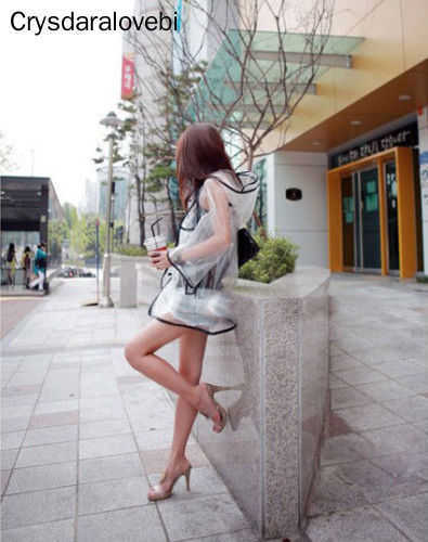 1pc Black Transparent Vinyl Raincoat Runway Style Womens Girls Clear Fashion Rain Coat L230620