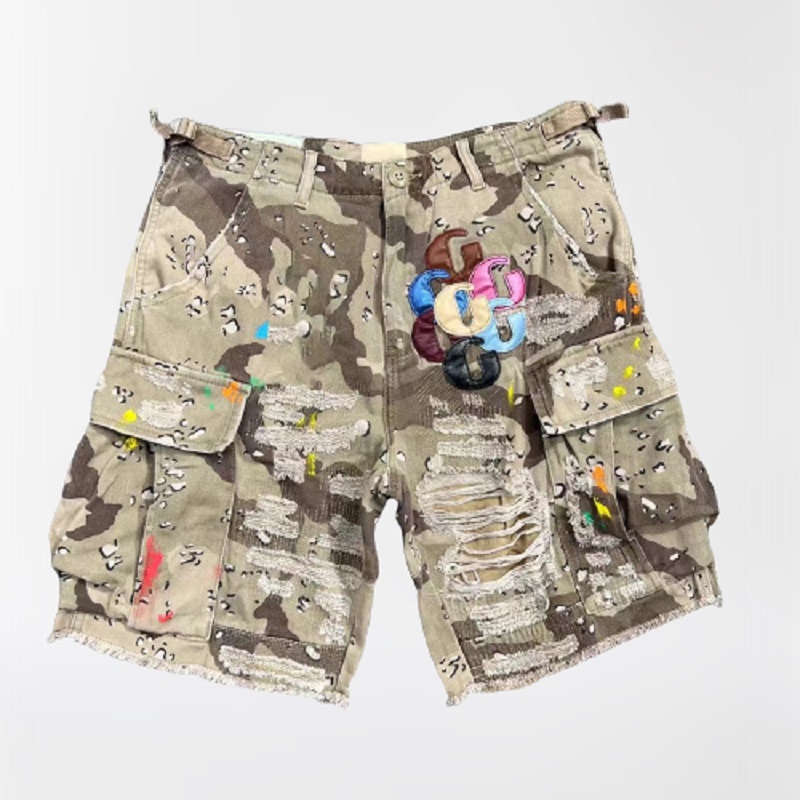 Gallerydeptjean Short Mens Graffiti Style Galerry Depot Distressed Washed Camouflage Shorts Trendy Brand High Street Hip Hop Jeans Galleryly Dept Denim Pants 96B