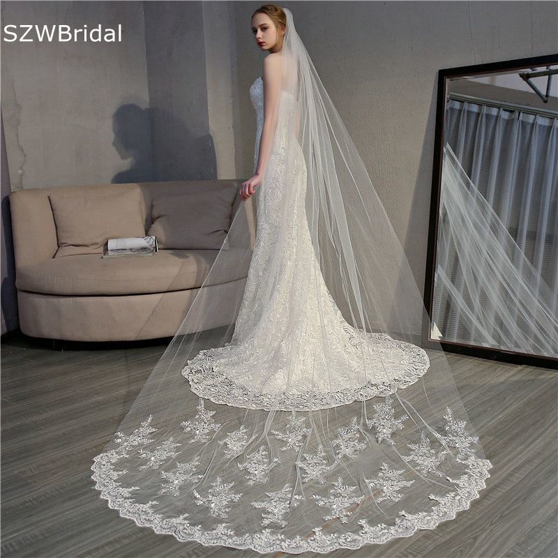 Wedding Hair Jewelry Arrival White Ivory Wedding veils Lace Appliques Cathedral Bridal veil Veu de noiva Voile mariage Wedding accessories Wesele 2307