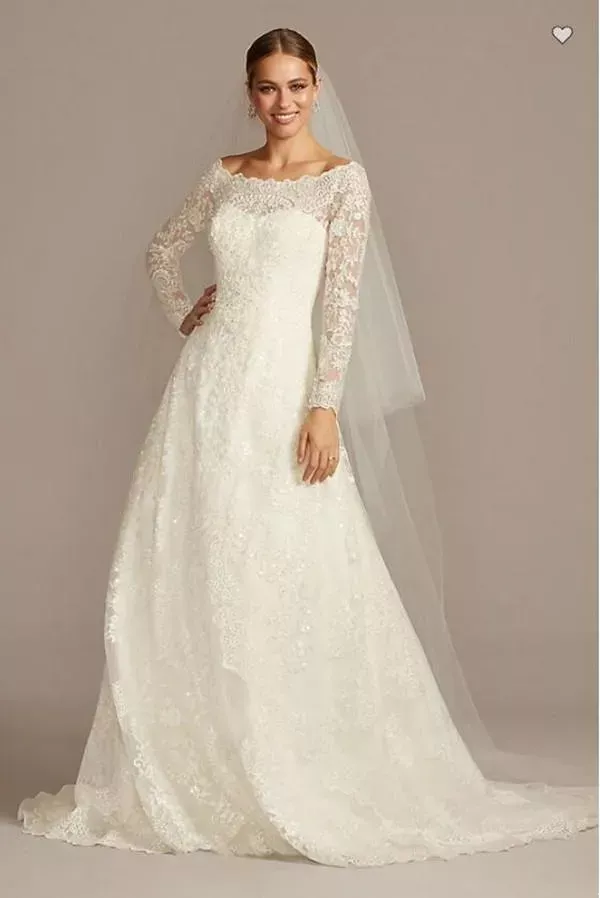 Off The Shoulder OLEG CASSINI A Line Dress Full Lace Applique Long Sleeve Plus Size Sweep Train Wedding Gown