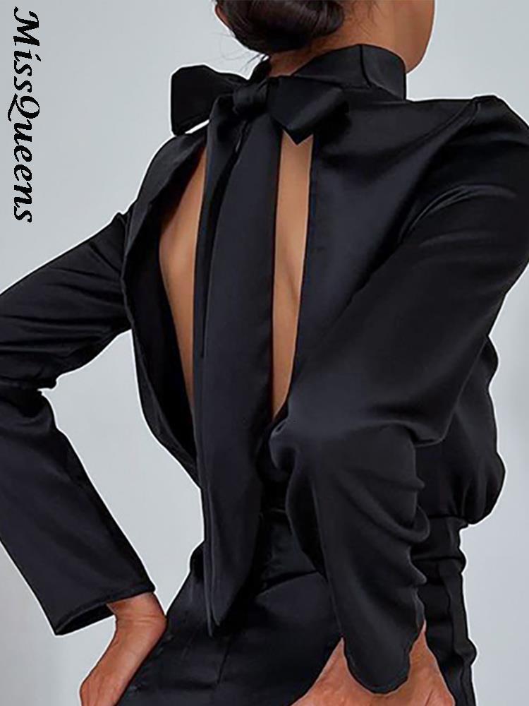 Urban Sexy Dresses Satin Dress Elegant Back Tie Up Bow Turtleneck A line Skirt Women Office Party Elastic Waist Mini 230713