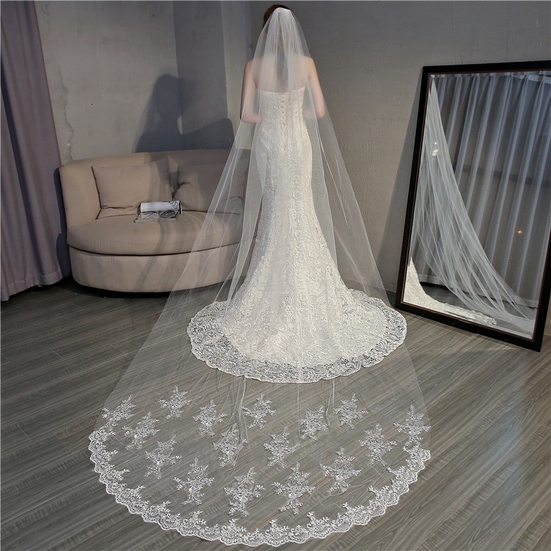 Wedding Hair Jewelry Arrival White Ivory Wedding veils Lace Appliques Cathedral Bridal veil Veu de noiva Voile mariage Wedding accessories Wesele 2307