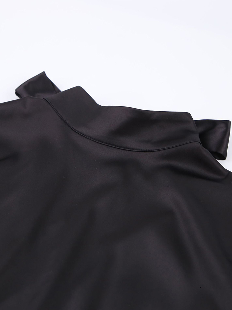 Urban Sexy Dresses Satin Dress Elegant Back Tie Up Bow Turtleneck A line Skirt Women Office Party Elastic Waist Mini 230713