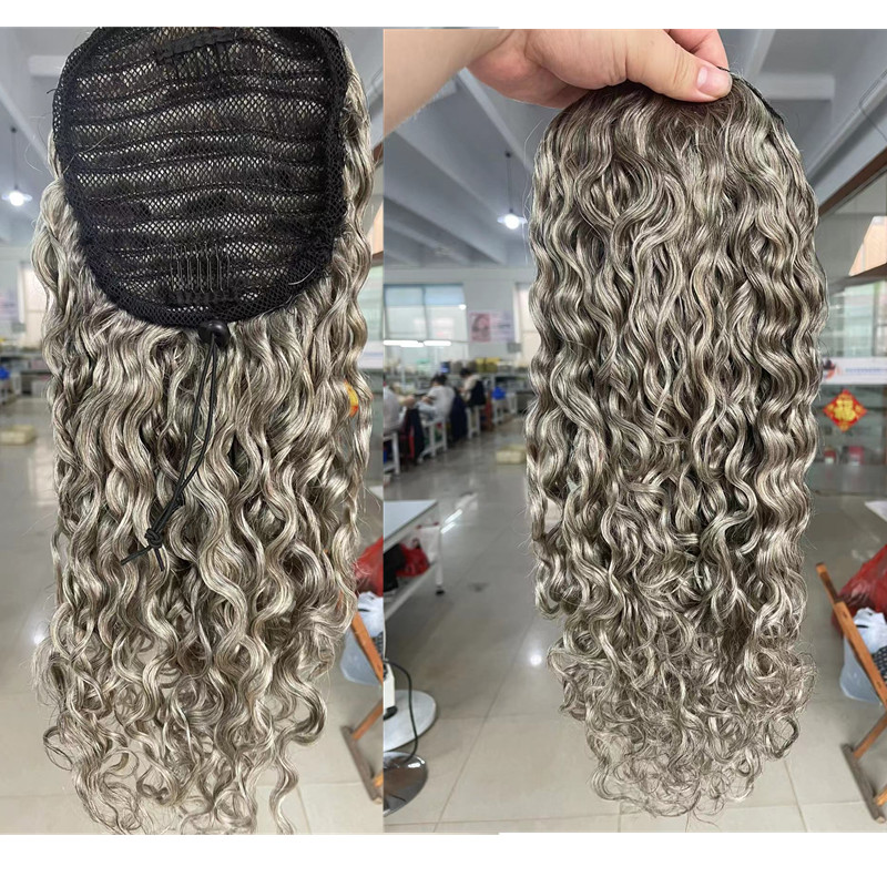 Silver Grey kinky curly gray blonde drawstring human hair ponytail puff bun updo chignon women pony tail hairpiece 120g clip ins