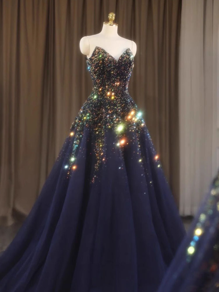 Prom Dress Stunning Shining Sequins Crystal Long Evening Gowns Sweetheart Lace-up Back