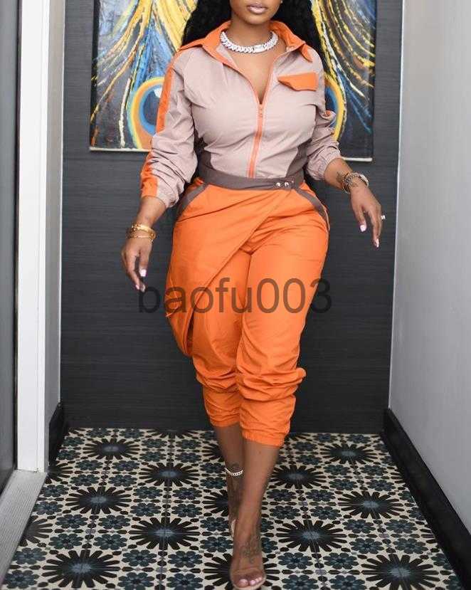 Womens Two Piece Pants Dome Cameras Womens Two Peice Sets Elegant Zipper Design Colorblock Coat Asymmetrical Wrap Long Pants Set New Fashion 2023 Summ