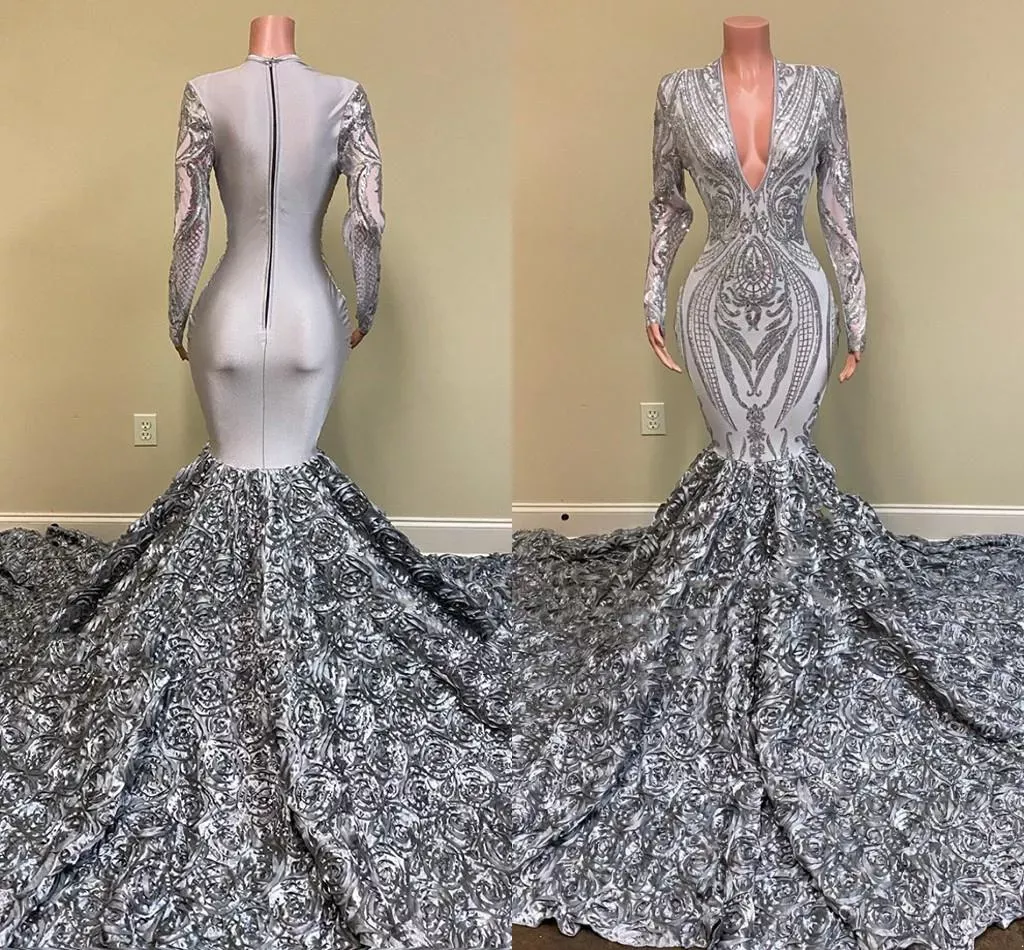 Vintage Prom Dresses Sexy Mermaid V Neck Sier Full Sleeve 3D Flowers Long Train Women Formal Party Evening Gown
