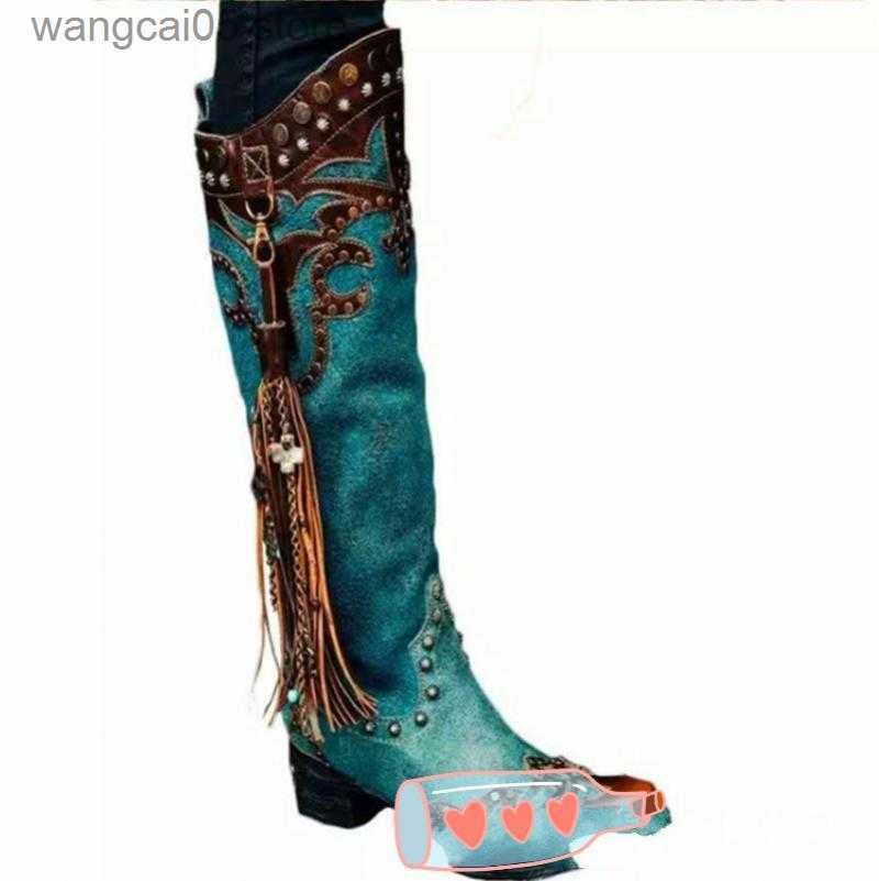 Boots Vintage Riding Boots Women Tassel Punk Cowboy Boots 2020 Autumn Female Fashion Tall Boots Thick Heel T230713