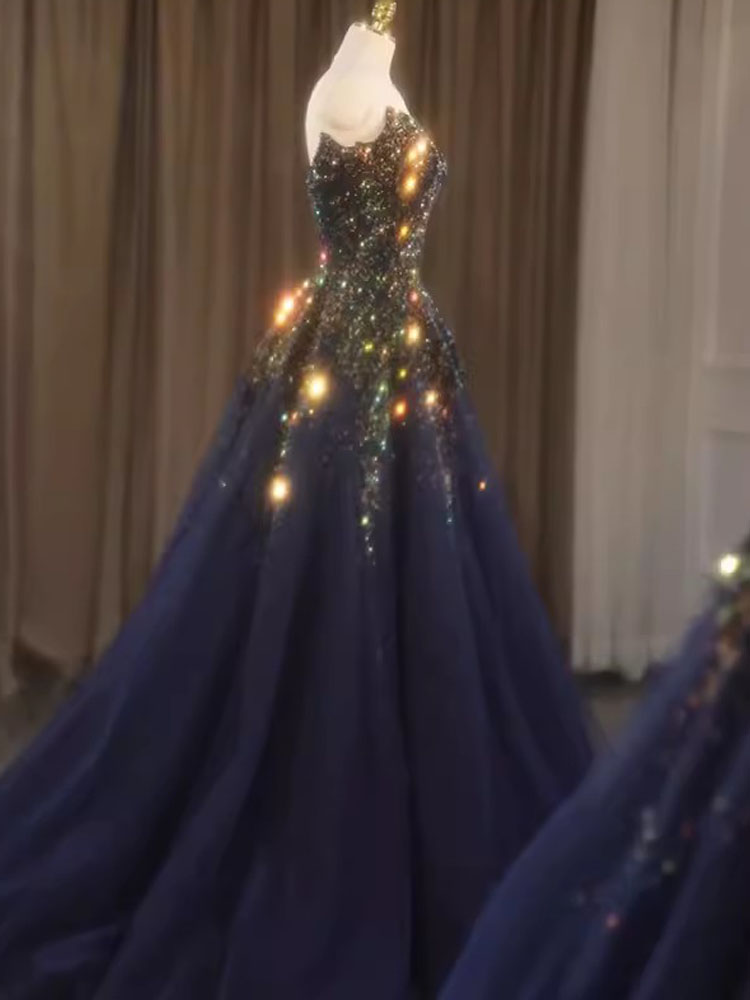 Prom Dress Stunning Shining Sequins Crystal Long Evening Gowns Sweetheart Lace-up Back