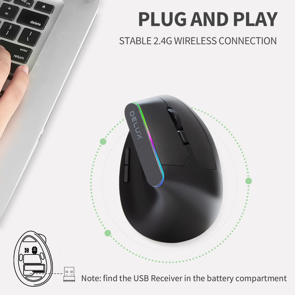 Mice Delux M618C Wireless Silent Ergonomic Vertical 6 Buttons Gaming Mouse USB Receiver RGB 1600 DPI Optical With For PC Laptop 230712