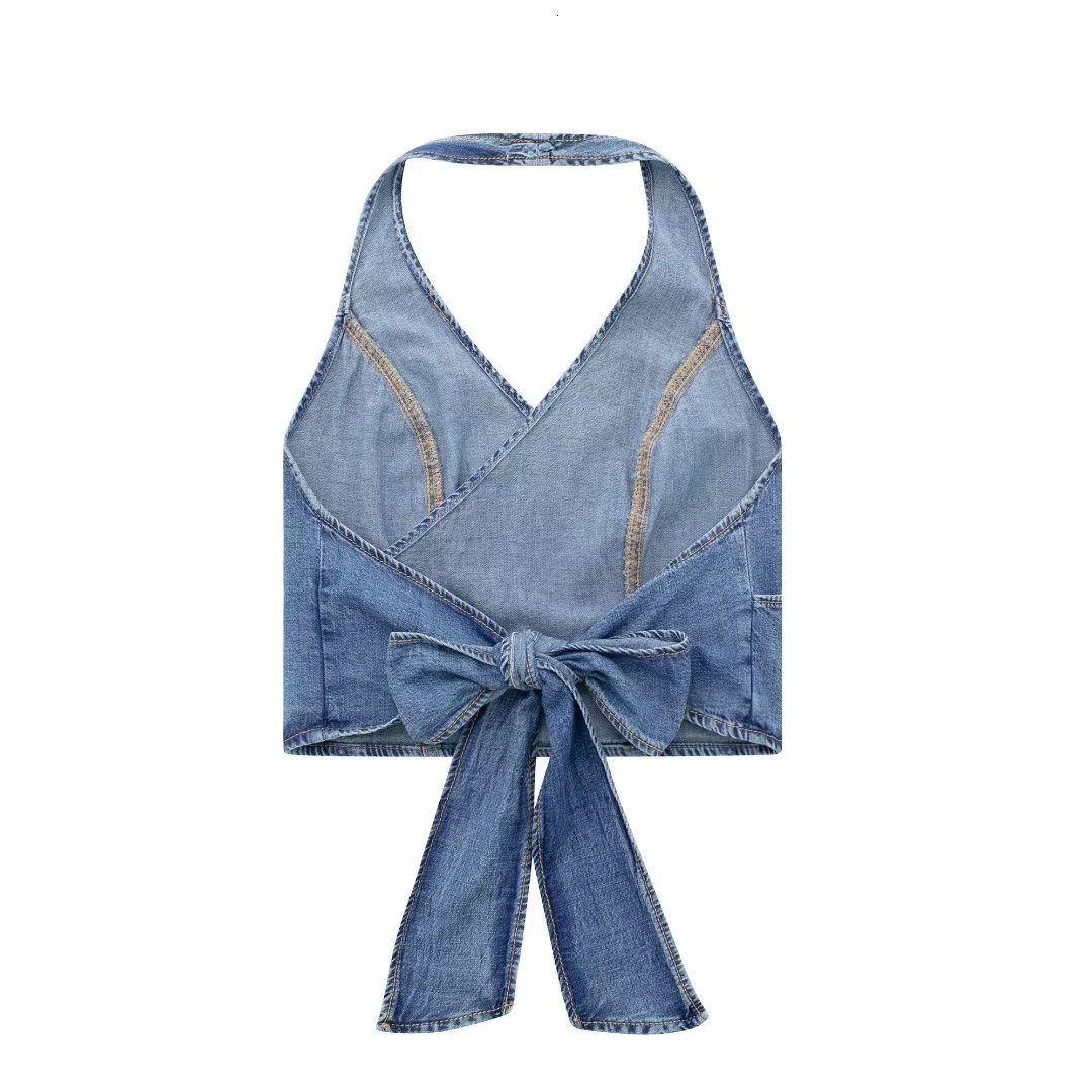 Women's Tanks Camis TRAF Womens Top Denim Crop Top Women Off Shoulder Blue Halter Top Streetwear Backless Sexy Tops Woman Party Night Jeans Tops 