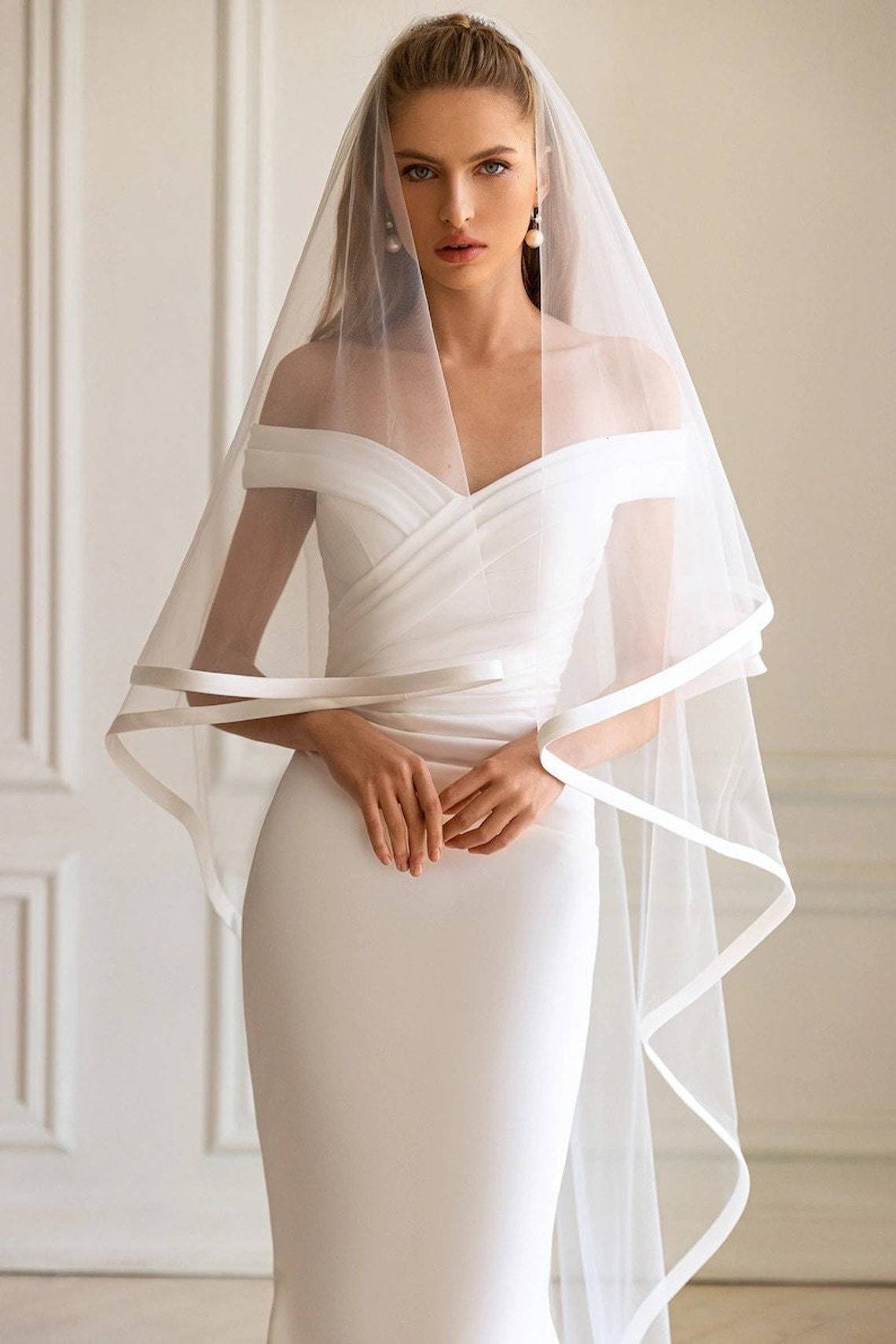 Wedding Hair Jewelry Satin Ribbon Wedding Veils Tea Length Two Layer with Comb Bridal Veil Party Bride Veils Women Hair Accessory 230713
